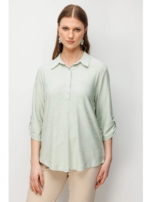 Onfashion Polo Yaka Yarım Kol Dokuma Kadın Bluz 71342 Mint