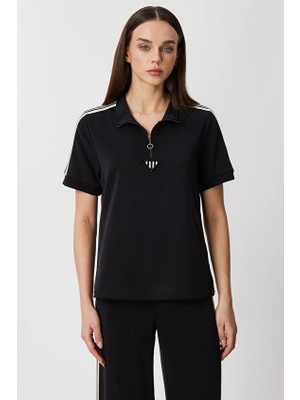 Onfashion Regular Fit Fermuarlı Yaka Kısa Kollu Dokuma Kadın Bluz 76335 Siyah