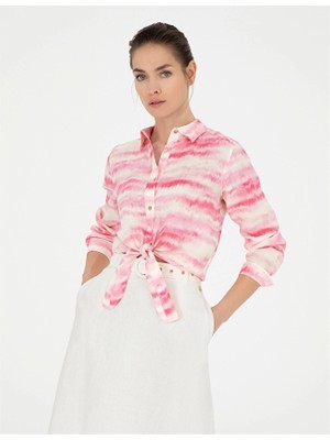 Pierre Cardin Gömlek Yaka Keten Crop Fit Kadın Gömlek 1840072 VR041 Pembe