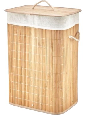 Go İthalat Dikdörtgen Bambu Ahşap Kirli Çamaşır Sepeti 40X30X60CM Seyyar Kapaklı Içi Bezli Ip Kulplu (5477)
