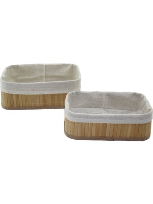 Go İthalat 2li   Dikdörtgen   Bambu Kenar  Organizer Sepet Ahşap Altlık - Bezli 19X27X10CM - 15X24X8CM (5477)