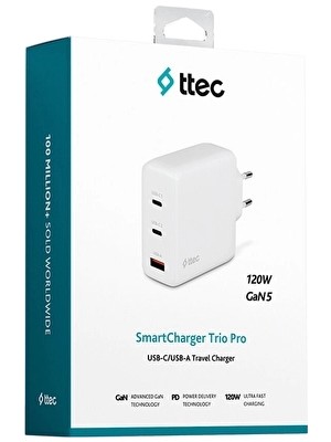 Ttec 2SCG04B Smartcharger Trio Gan 120W Pd Seyahat Hızlı Şarj Aleti 2 Usb-C+Usb-A-Beyaz