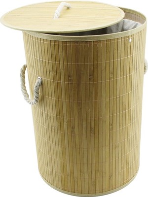 Go İthalat Yuvarlak Bambu Ahşap Kirli Çamaşır Sepeti 35X60CM Seyyar Kapaklı Içi Bezli Ip Kulplu (5477)