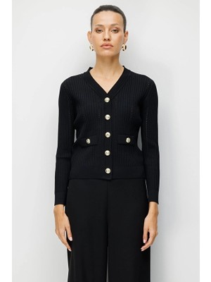 Onfashion Regular Fit V Yaka Triko Uzun Kollu Kadın Hırka 70912 Siyah