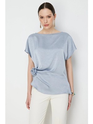 Ekol Polyester Kayık Yaka Düşük Kol Kadın Bluz 02054 Mavi