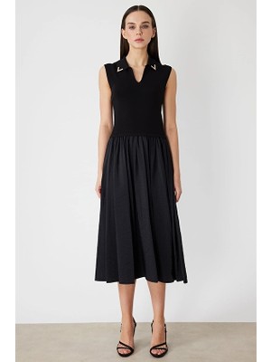 Onfashion Regular Fit Gömlek Yaka Kolsuz Dokuma Kadın Elbise 76486 Siyah