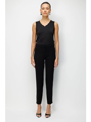 Ekol Regular Fit Polyester Dar Paça Yüksek Bel Kadın Pantolon 02444 Siyah