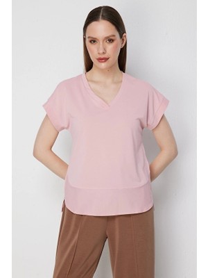 Onfashion V Yaka Kısa Kollu Dokuma Kadın Bluz 71475 Pudra