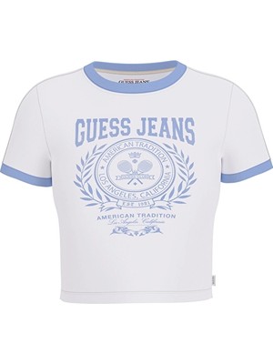 Guess Jeans Boxy Fit Örme Kumaş Kadın Tişört W5YI03J1314 Beyaz