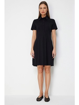 Onfashion Polo Yaka Kısa Kollu Dokuma Kadın Elbise 76494 Siyah