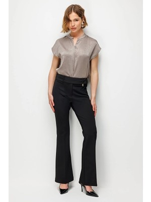 Ekol Polyester Ispanyol Paça Yüksek Bel Kadın Pantolon 04044 Siyah