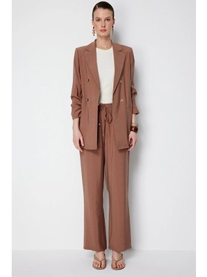 Ekol Regular Fit Bol Paça Lastikli Dokuma Kadın Pantolon 01204 Kahverengi