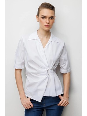 Ekol Polo Yaka Regular Fit Pamuk Kısa Kollu Kadın Bluz 02046 Ekru