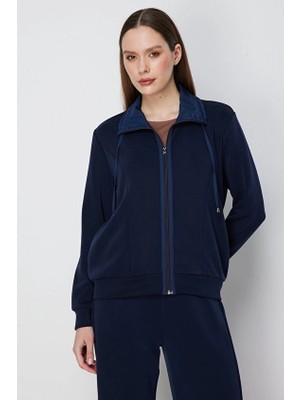 Onfashion Dik Yaka Uzun Kollu Dokuma Kadın Sweatshirt 76359 Lacivert