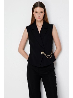 Ekol Kruvaze Regular Fit Polyester Kolsuz Kadın Yelek 02442 Siyah