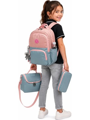 Bevitton ilkokul Çantası Unisex 3'lü Takım Kız Çocuk Okul Çantası 8010 Mavi-Pudra