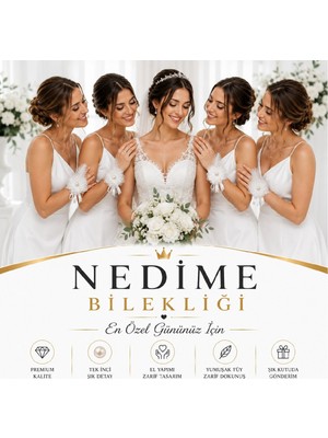 Bkmc Nedime Bilekliği Tek Incili Tüylü Çiçekli Düğün Nişan Kına Bekarlığa Veda Aksesuarı