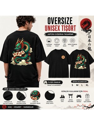 Tişört Kodu Japon Ejderha Baskılı Oversize Siyah Unisex Tişört