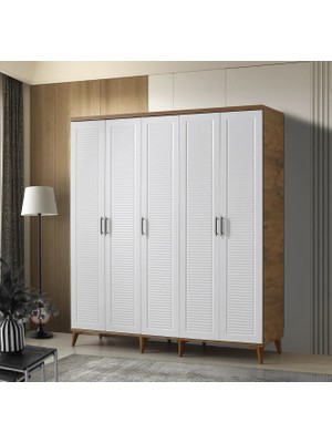 Macera Mobilya Paris 5 Kapaklı Komple Mdf Atlantik Çam-Beyaz Beyaz Gardırop