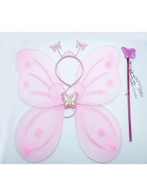 Go İthalat Toz Pembe Renk Kelebek Kanadı Tacı ve Sopası 50X37 cm (5477)