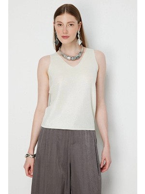 Onfashion V Yaka Triko Kolsuz Kadın Bluz 70410 Ekru