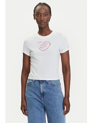 Tommy Jeans Kadın Tişört DW0DW21390 Ekru