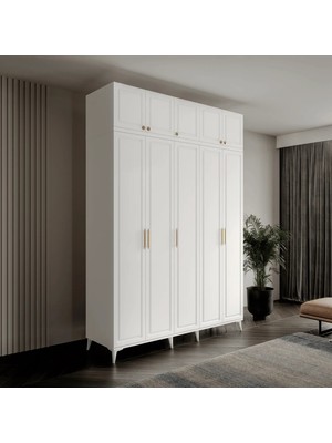 Macera Mobilya Milas Gold 5 Kapaklı Komple Mdf Ayaklı Yüklüklü Beyaz Gardırop