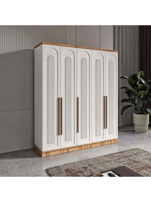 Macera Mobilya Flora 5 Kapaklı Komple Mdf Beyaz Gardırop