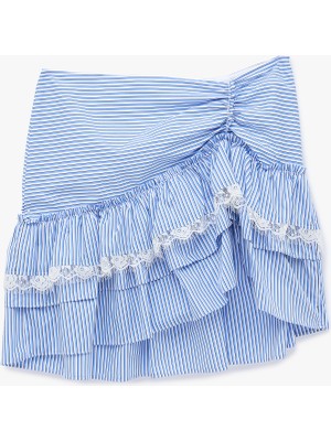 Koton Koton x Sibil Çetinkaya - Fırfırlı Dantel Detaylı Çizgili Poplin Mini Etek