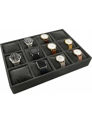Empressco Yerli Üretim Tokyo Model Süet Kumaş Füme 34/24 cm Yastıklı Çekmece Içi Yastıklı Saat ve Takı Kutusu