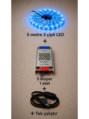 Lumixa Enerji Mutfak Dolabı Tezgah Üstü ve Ev Dekarasyon Için 5 Metre Şerit LED Işık Trafo Anahtarlı Tak Çalıştır Kablo
