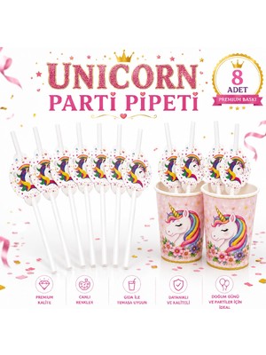 Bkmc 🏆 Unicorn Doğum Günü Parti Pipeti 8 Adet Beyaz Unicorn Kafa Parti Süsü