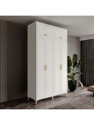 Macera Mobilya Milas Gold 4 Kapaklı Komple Mdf Ayaklı Yüklüklü Beyaz Gardırop