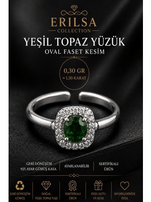 Erilsa Sertifikalı Yeşil Topaz Taşlı Ayarlamalı Geri Dönüşüm Gümüş Kasa Oval Faset Kesim Yüzük 1.50 Karat
