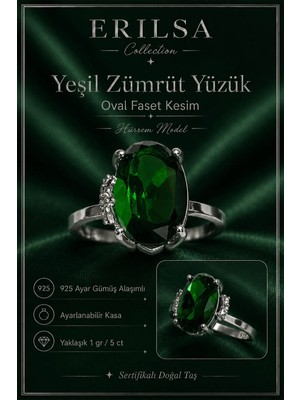Erilsa Sertifikalı Yeşil Zümrüt Hürrem Model Oval Faset Kesim 5 Karat 925 Ayar Gümüş Ayarlanabilir Yüzük
