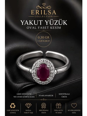 Erilsa Sertifikalı Doğal Yakut Taşlı Ayarlamalı Geri Dönüşüm Gümüş Kasa Oval Faset Kesim Yüzük 1.50 Karat