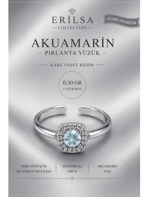 Erilsa Sertifikalı Akuamarin Taşı Pırlanta Model Kare Faset Kesim 1,50 Karat Gümüş Yüzük