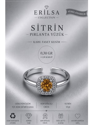 Erilsa Sertifikalı Sitrin Taşı Pırlanta Model Kare Faset Kesim 1,50 Karat 925 Ayar Gümüş Ayarlamalı Yüzük
