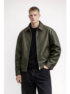 Ohepmoda Oversize Rahat Kalıp Düz Erkek Deri Ceket