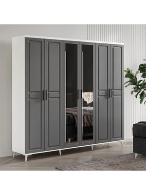 Macera Mobilya Sport 6 Kapaklı Aynalı Komple Mdf Antrasit-Beyaz Gardırop