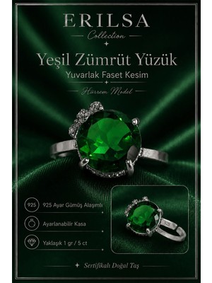 Erilsa Sertifikalı Yeşil Zümrüt Hürrem Model Yuvarlak Faset Kesim 5 Karat 925 Ayar Gümüş Ayarlamalı Yüzük