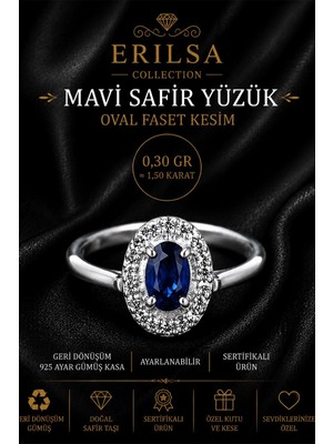 Erilsa Sertifikalı Mavi Safir Taşlı Ayarlamalı Geri Dönüşüm Gümüş Kasa Oval Faset Kesim Yüzük 1.50 Karat