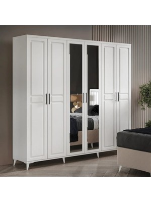 Macera Mobilya Sport 6 Kapaklı Aynalı Komple Mdf Beyaz Gardırop