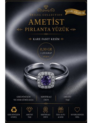 Erilsa Sertifikalı Ametist Taşı Pırlanta Model Kare Faset Kesim 1,50 Karat 925 Ayar Gümüş Yüzük