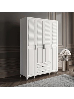 Macera Mobilya Sanat 4 Kapaklı Çekmeceli Komple Mdf Beyaz Gardırop