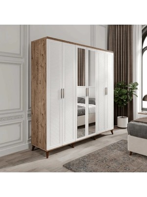 Macera Mobilya Paris 6 Kapaklı Aynalı Komple Mdf Atlantik Çam-Beyaz Gardırop