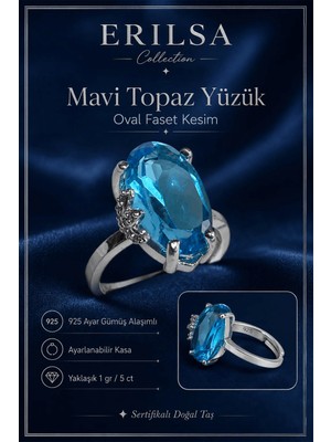 Erilsa Sertifikalı Mavi Topaz Hürrem Model Oval Faset Kesim 5 Karat 925 Ayar Gümüş Ayarlanabilir Yüzük
