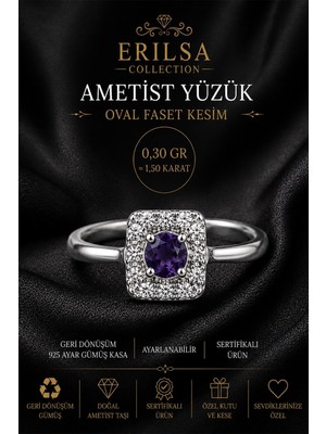 Erilsa Sertifikalı Doğal Ametist Taşlı Ayarlamalı Geri Dönüşüm Gümüş Kasa Oval Faset Kesim Yüzük 1.50 Karat