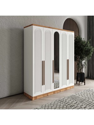 Macera Mobilya Rosa 5 Kapaklı Aynalı Komple Mdf Beyaz Gardırop