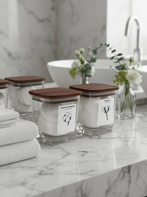 Amandus Puvo - 2'li Ahşap Vakum Kapaklı Banyo Düzenleyici Etiketli Cam Banyo Seti Banyo Organizer